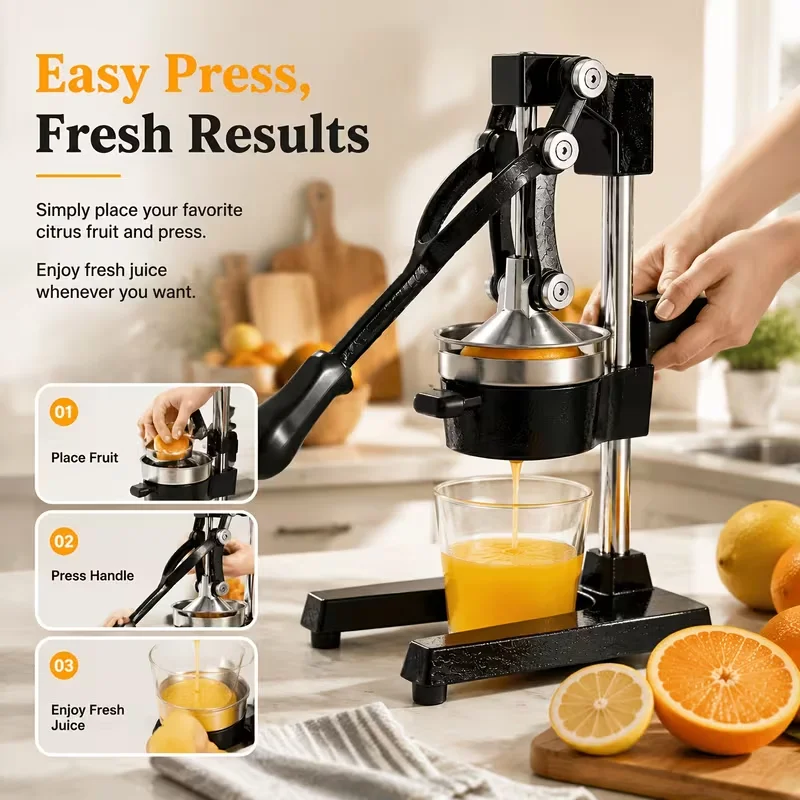 SIAZIH Professionelle Manuelle Zitruspresse, robuste Orangenpresse aus Gusseisen, kommerzielle Fruchtpresse, Handpresse für Zitrone, Limette, Granatapfel, Grapefruit, Schwarz – Detail 5