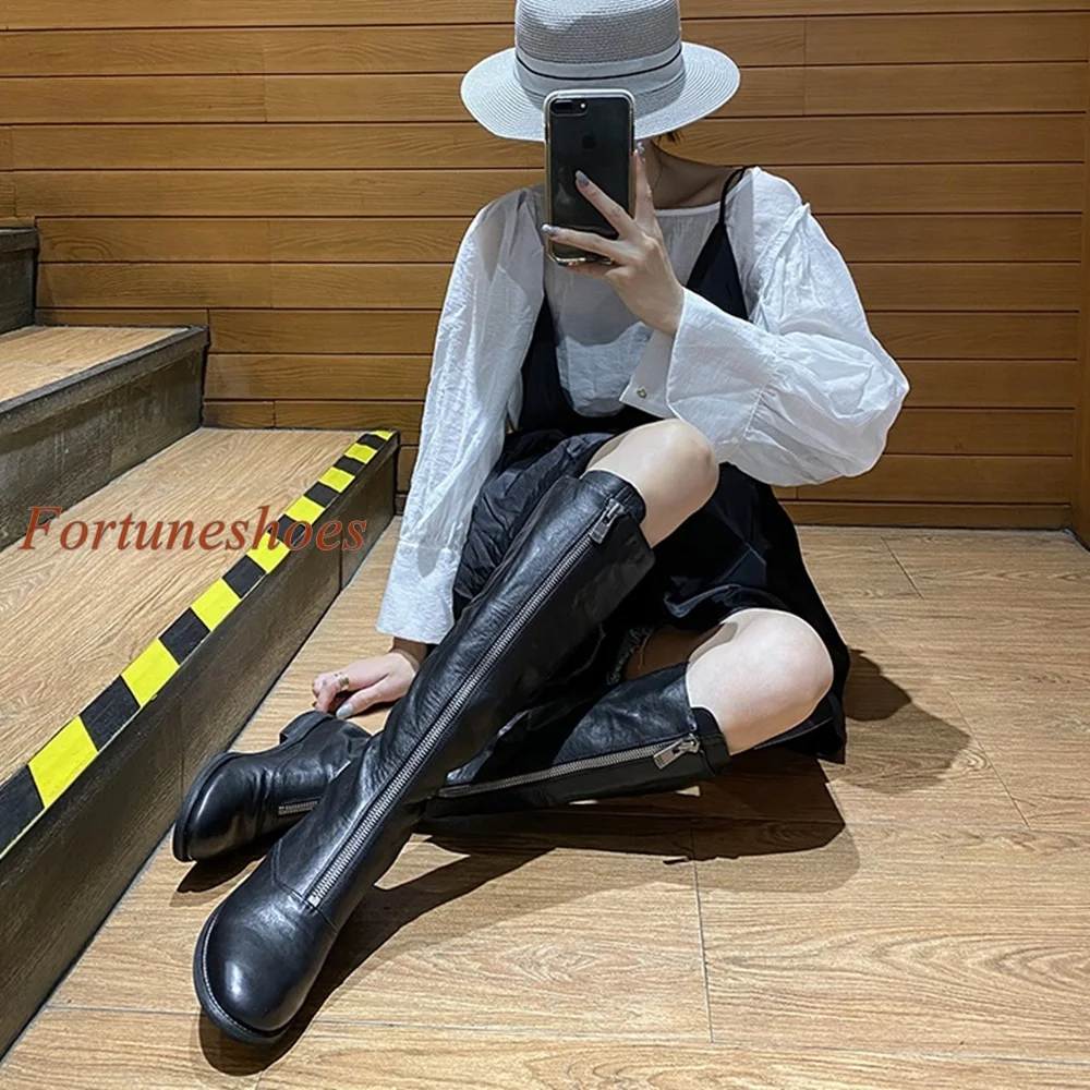 

Front Zipper Chunky Heel Women Boots Fashion Casual 2024 New Arrivals Boots Solid Genuine Leather Round Toe Knee High Boots