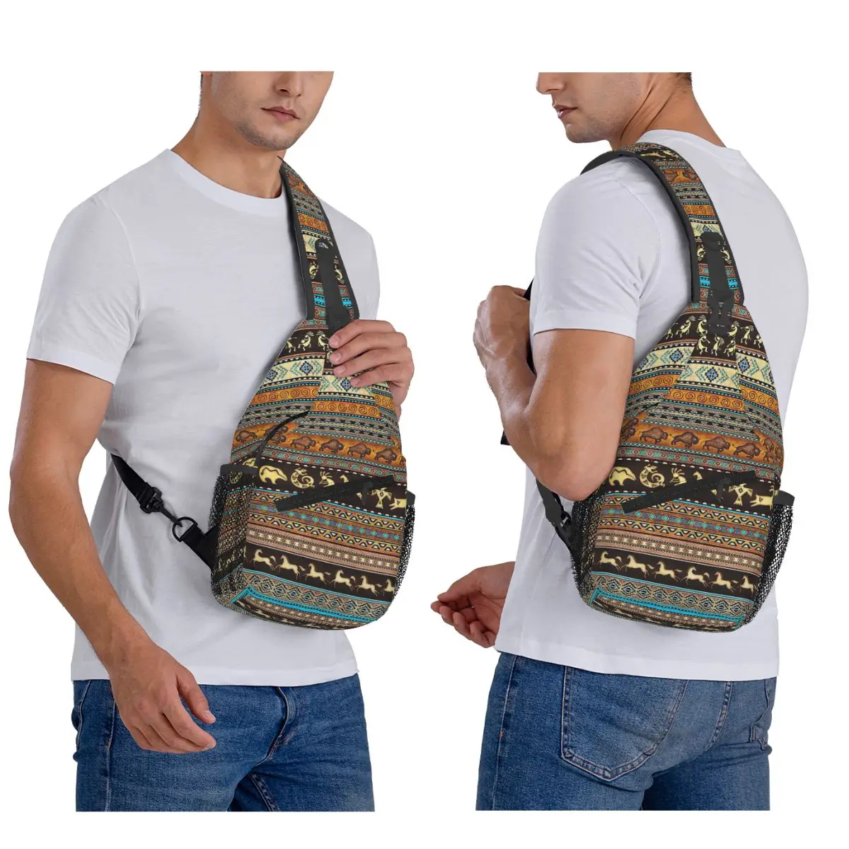 Vintage Boho Ethnic Pattern Chest Bag Men Sling Crossbody Backpack Chest Bag Travel Hiking Daypack Shoulder Bag