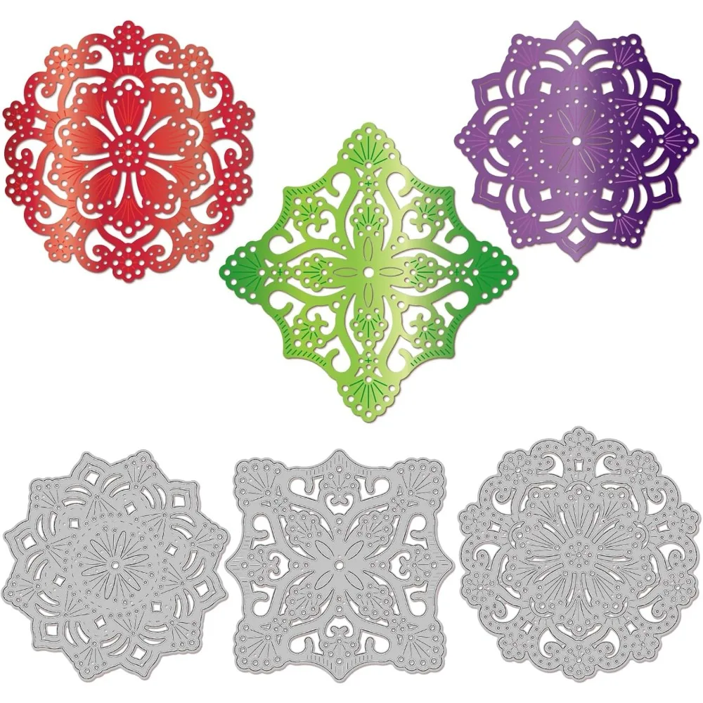 3 Sets Stitched Flower Mandala Cutting Dies for Card Making Flower Backbround Carbon Steel Embossing Stencils Template for Decor