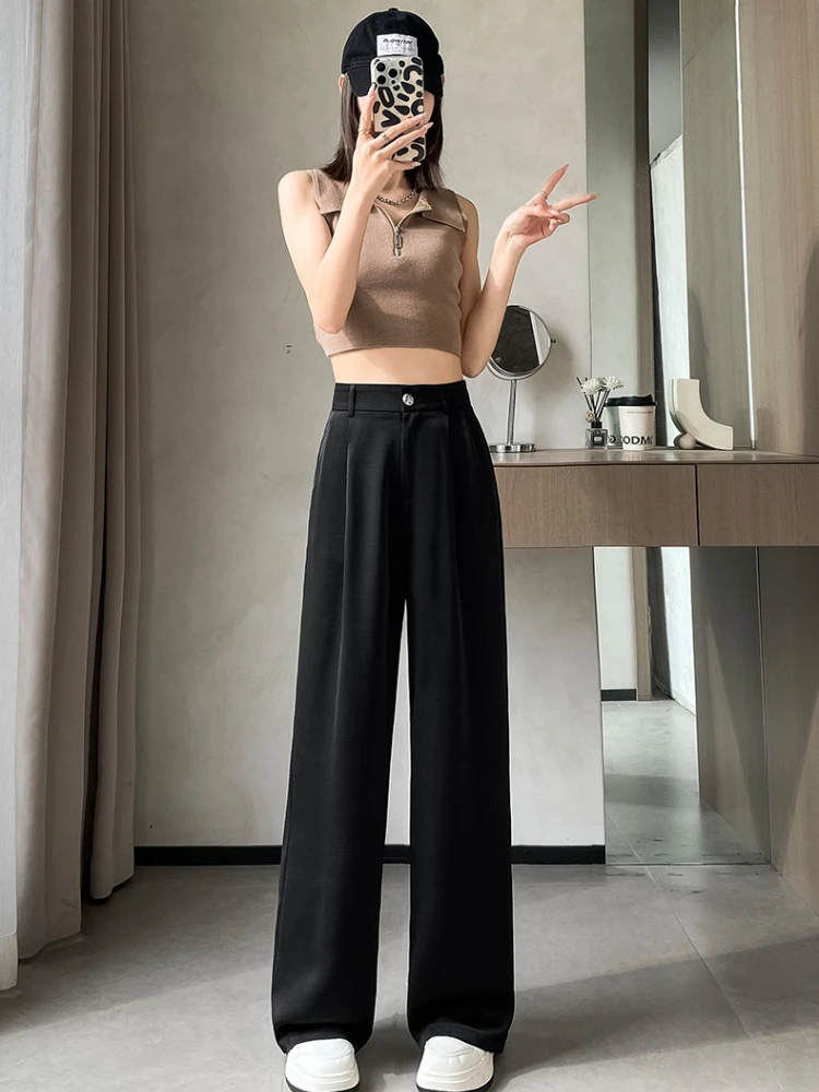 Solid color temperament satin straight leg pants women's summer new thin drooping feeling narrow version suit wide leg pants