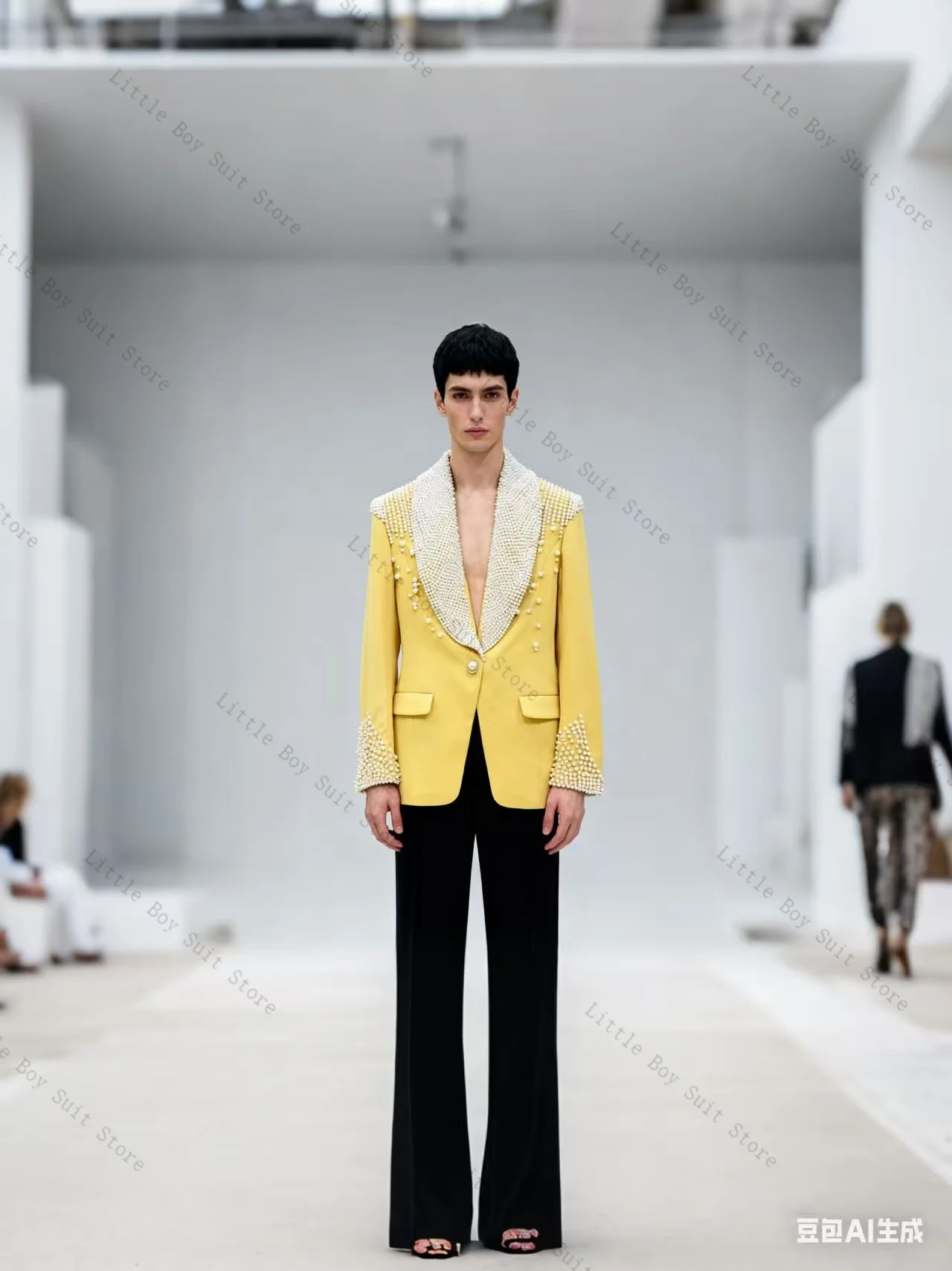 

Pearls Luxury Men Suit Set 2 Piece Wedding Tuxedo Jacket Blazer Pant Black Cotton Formal Office Business Party Coat Customized