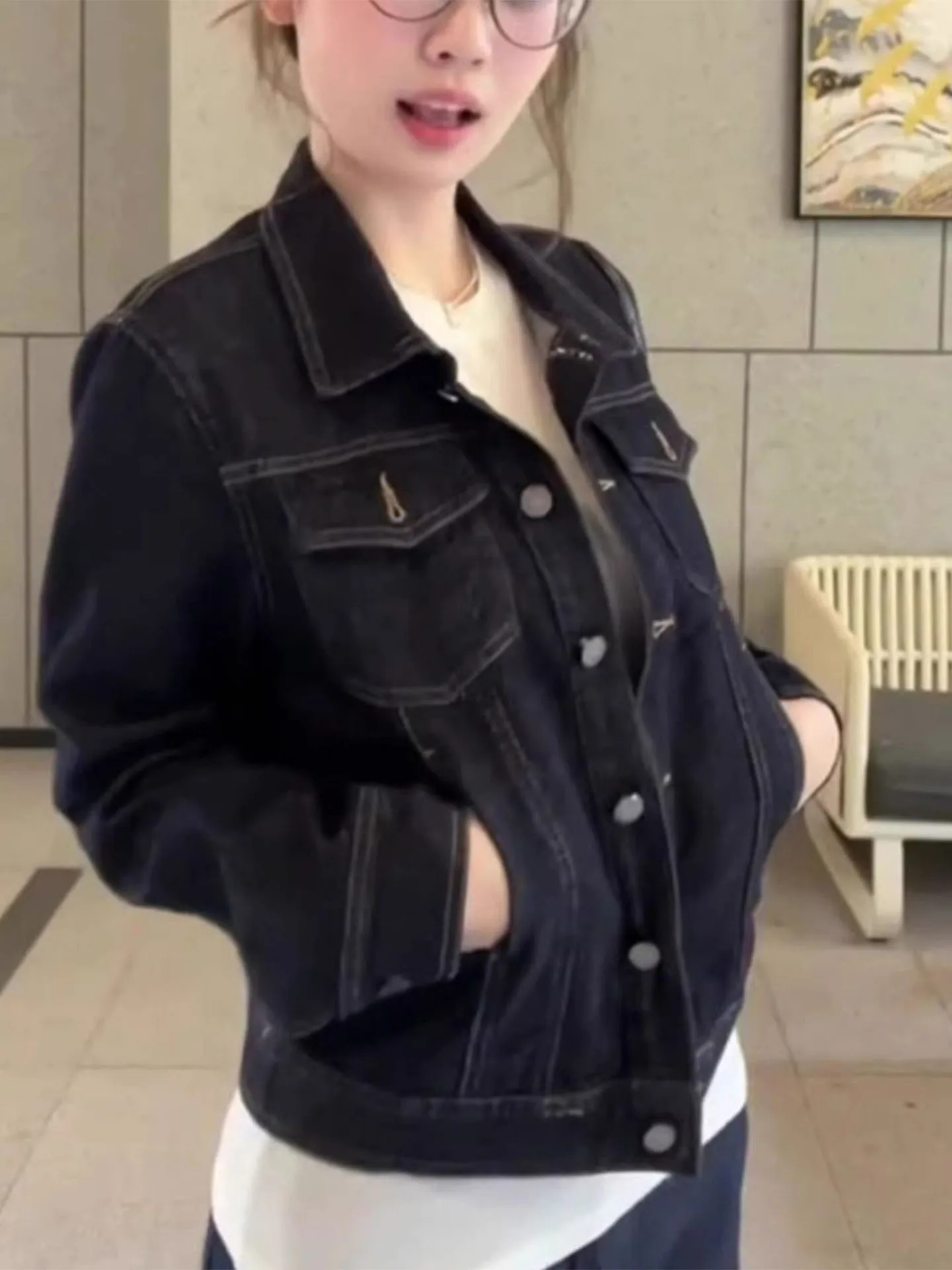 Unique Korean Style Short Denim Jacket Loose Fit Shoulder Length Open Cardigan Original Blue Color Vintage Fashion Women's Coat
