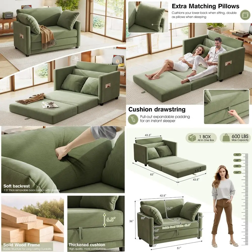 Corduroy Loveseat Sleeper Sofa Bed for Small Spaces, Deep Seating Convertible Couch with 2 Pillows, Folding Floor Sofa Bed for C