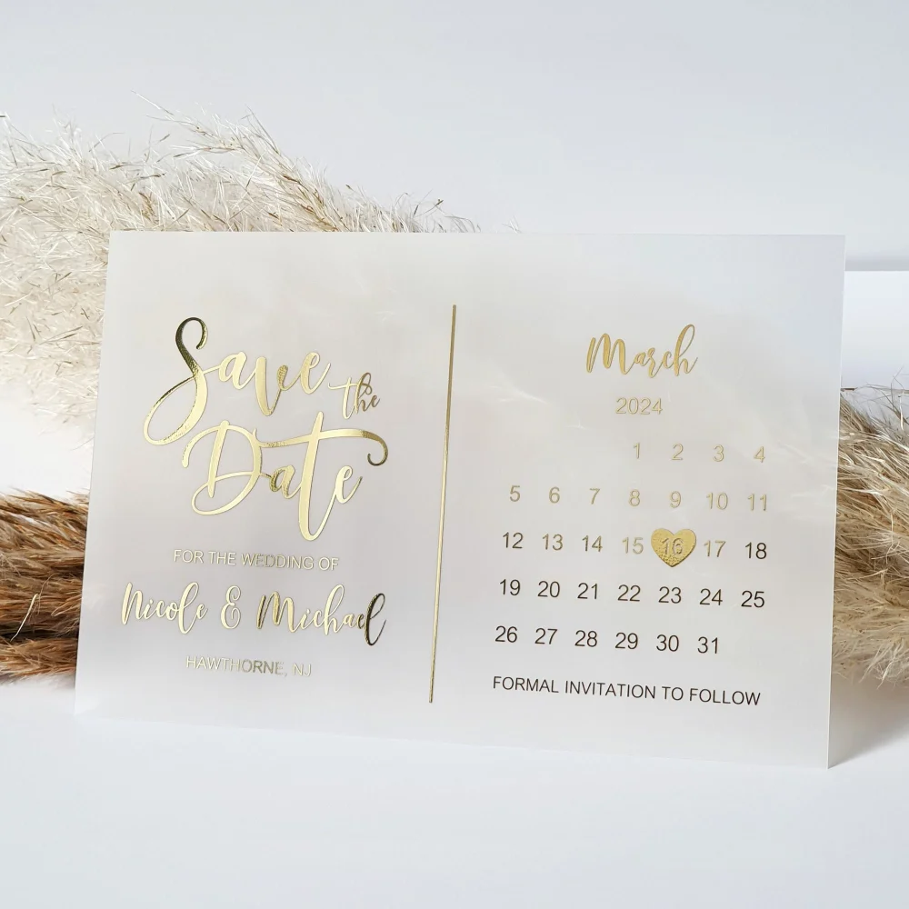 Gold Foil Calendar Luxury Wedding Invitation Couple\'s Name Custom Elegant Party Invite Save The Date Card  Vellum