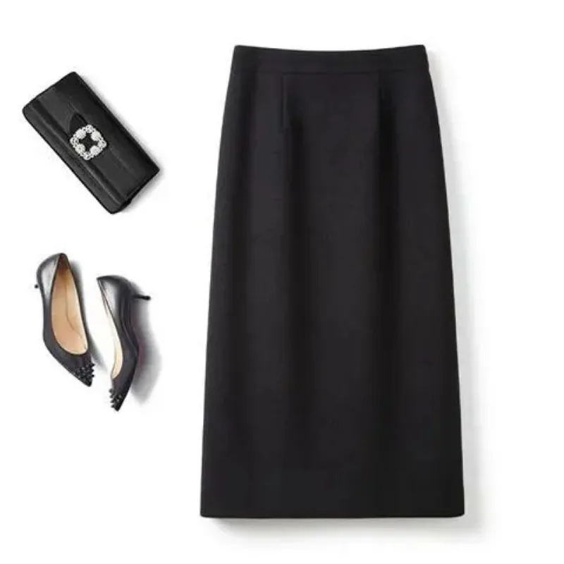 High Waist Wool Blend Midi Pencil Skirt Women Split Hem Slim Fit Solid A Line Fall Winter Office Casual Skirt