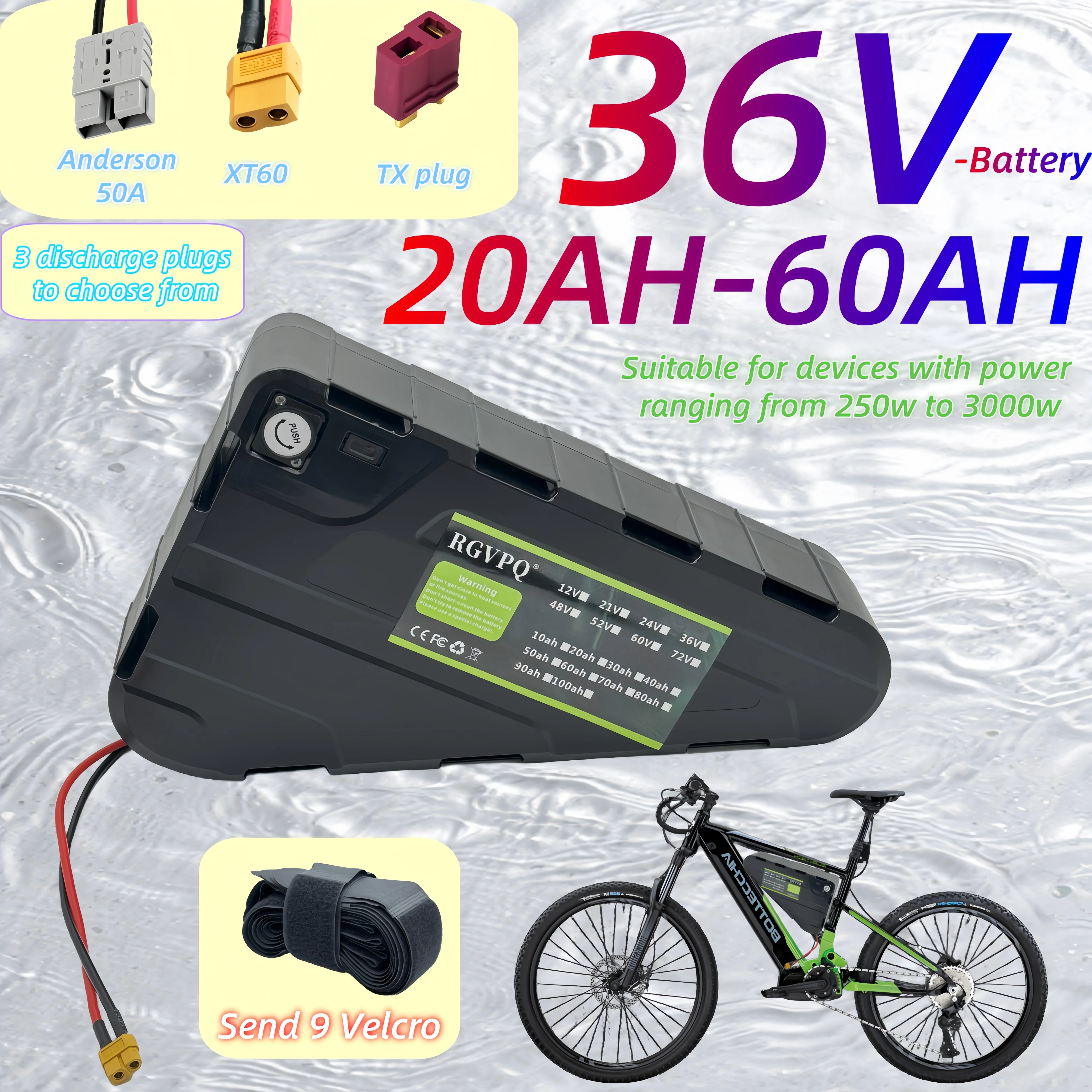 Electric bicycle, triangle bag 18650 36V20AH-60AH lithium battery, air transportation, built-in BMS,+charger