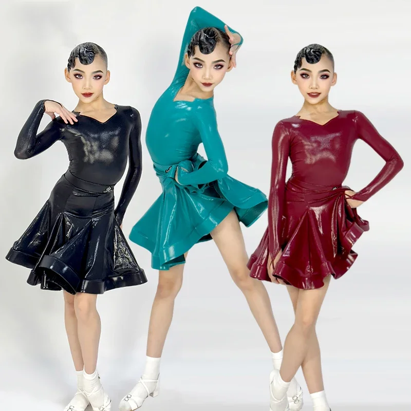 3 Colors Children'S Ballroom Dance Performance Clothes Girls Party Dresses Bright Leather Long Sleeved Latin Dance Dress