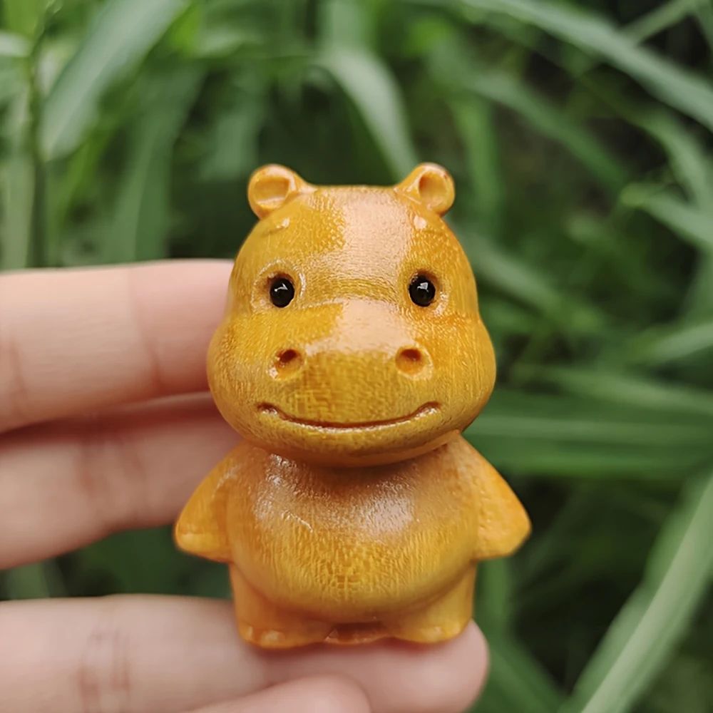 Cute Wooden Carving of a Hippopotamus, with Dark Eyes, Small Ears, and a Smiling Expression. Handmade Wood Sculpture for Desktop Home Decoration, a Zen-Inspired Office Healing Mascot, Christmas and Birthday Gift