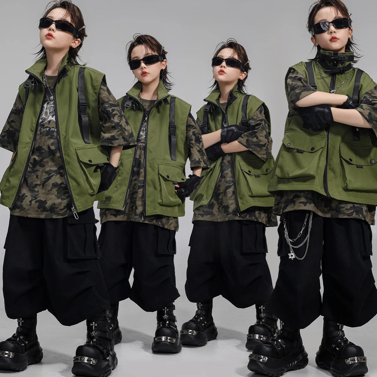 

Boys Jazz Dance Costume Fashion Street Dance Wear Hip Hop Clothing Group Green Loose Vest Black Shorts Stage Performance Outfits