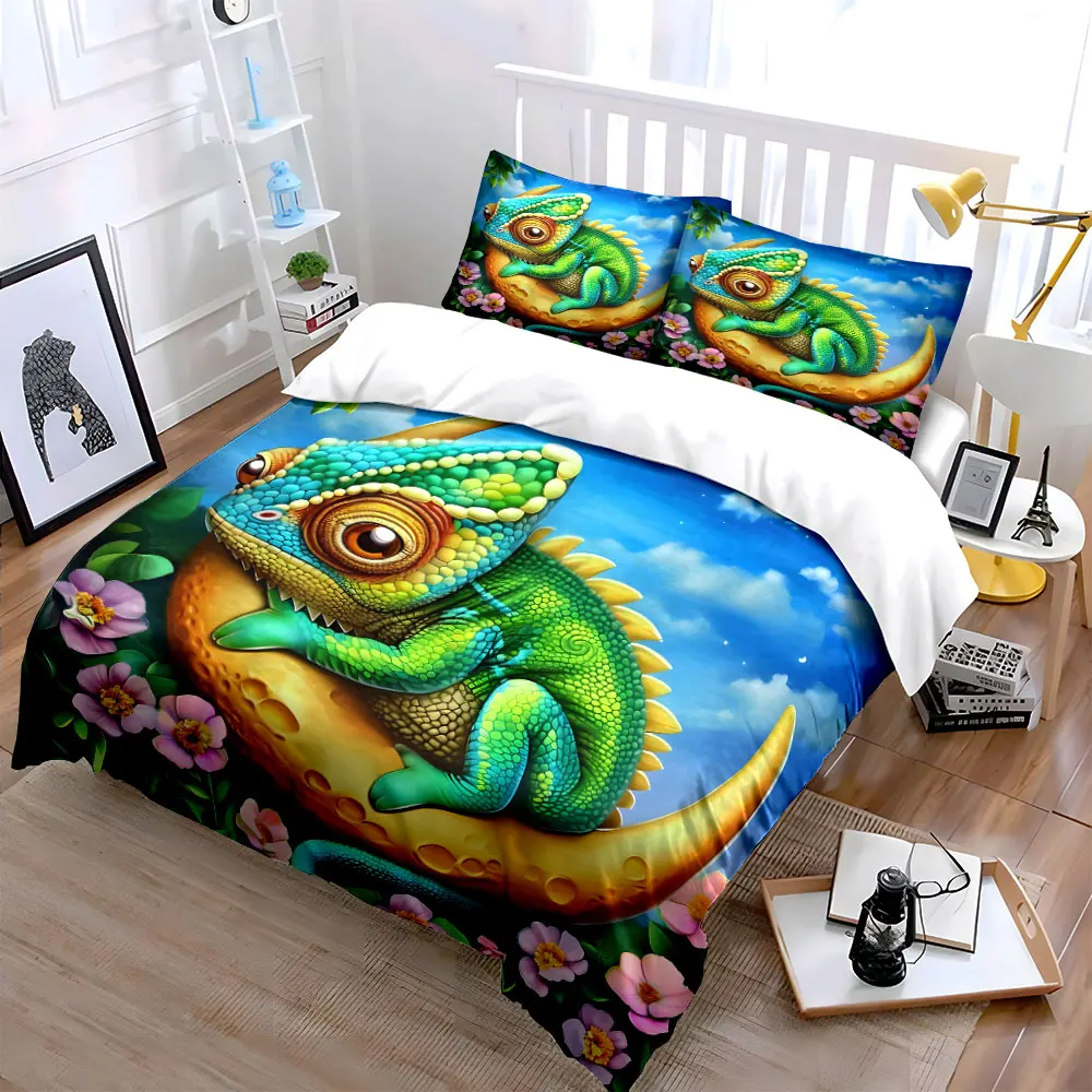 Colorful chameleon on crescent moon Print Bedding Set 1 Duvet Cover 2 Pillowcases for Adult and Children Luxury Gift Full Size