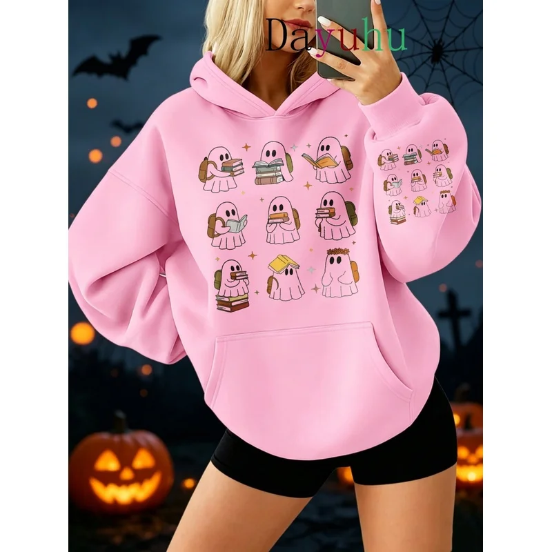Halloween Cute Ghost Reading Books Pattern Autumn Winter Street Wear Pullover Sweatshirt Women Clothes Female Y2k Aesthetic Ove