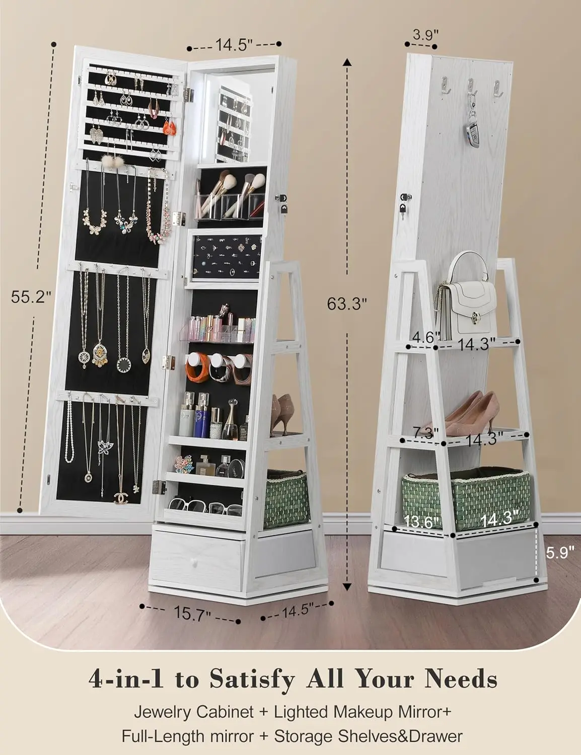 360° Rotating Jewelry Cabinet with Light, Touch Screen Dressing Mirror, Rotating Full-length Mirror with Jewelry Storage