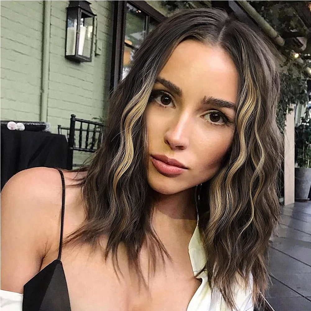 

Synthetic Short wigs for women natural Look Balayage Brown Honey Blonde Highlights Bob Lace Front Wig Layered Cut Deep WAve wig
