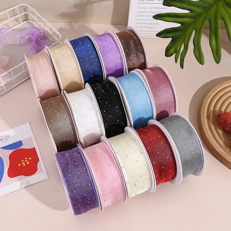 2.5cm/4cm Rhinestone Satin Ribbon For Diy Hair Bows Clothing Shoe Flowers Floral Gift Wrap Graduation Ceremony Wedding Supplies