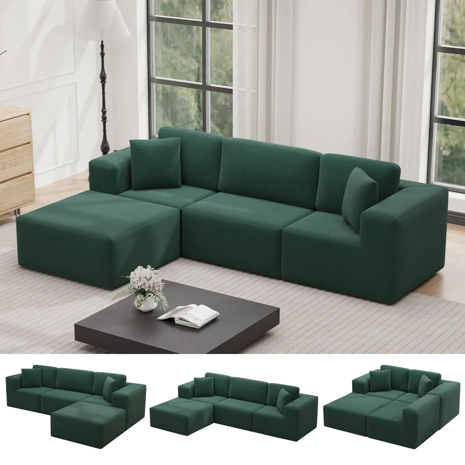 

10-дюймовый облачный секционный диван с пуфиком, L-образный диван без костей с глубоким сиденьем, 3-местный вельветовый модульный секционный диван для Li