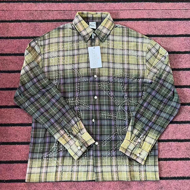 Street Trend Washed Vintage Gradient Tartan VALLEY Shirts All Over Rhinestone Accent Casual Loose Collar Long Sleeve Man Tops