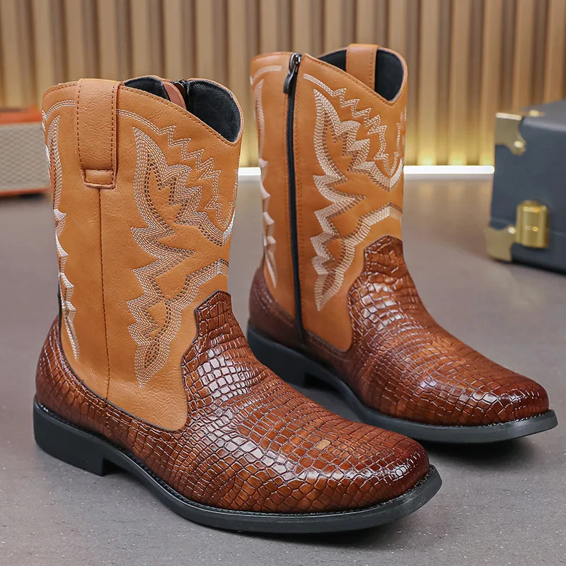 

Crocodile Print Men Western Boots Large Size 48 Zip Embroidery Cowboy Boot Man Comfort Leather High Boots For Men botas altas