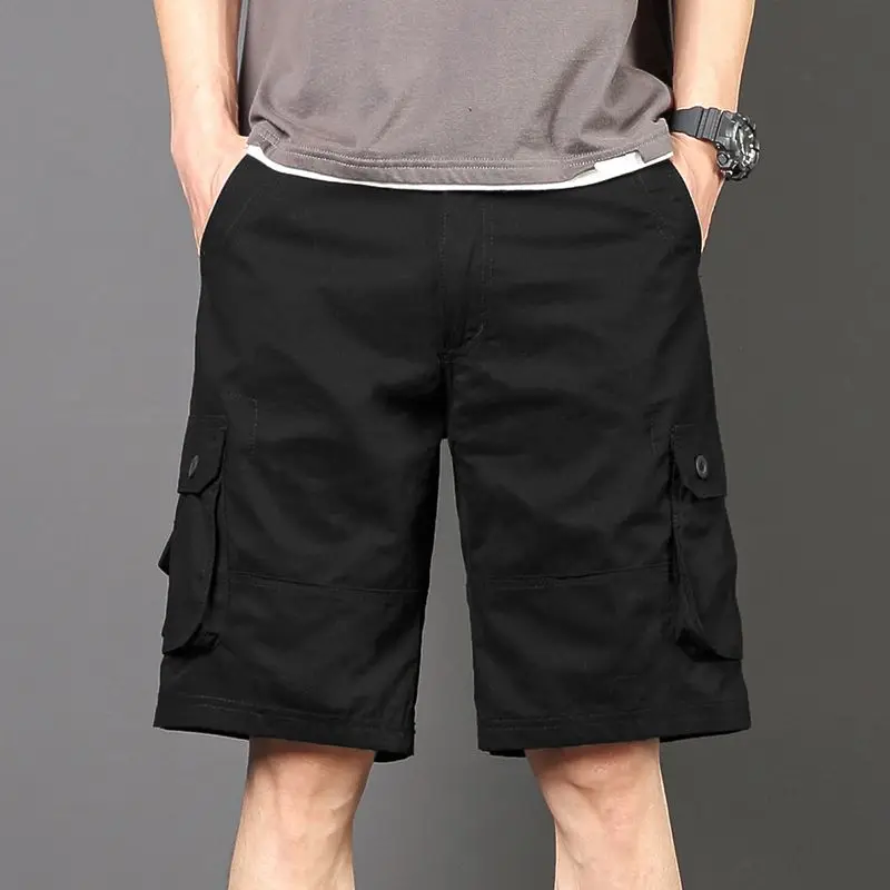 Black Long Men\'s Cargo Shorts Green Over Knee Half Male Bermuda Short Pants Distressed Wide Front Pocket Elastic Waist Homme Y2k