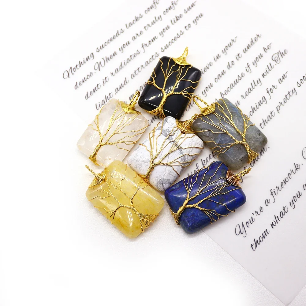 Exquisite Rectangular Natural Stone Citrine Polished Agate Hand-wrapped Single-hole Pendant DIY Necklace Jewelry Accessory Gift
