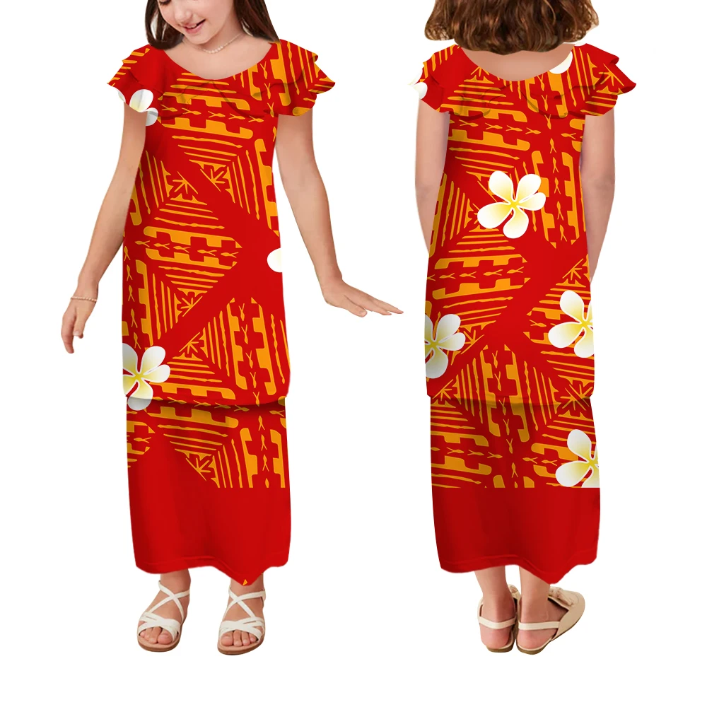 

Children's Short-Sleeved Ruffled Sleeves Crew-Neck Double-Layer Suit Long Dress Puletasi Polynesian Tribal Print Custom Dress