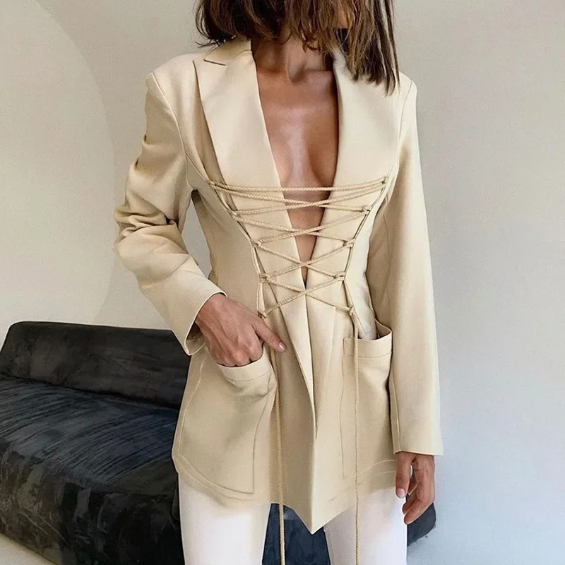 2024 Autumn New Street Style Women's Pure Color Slim Long-sleeved Tie Mid-length Casual Fashion Temperament Small Suit Women