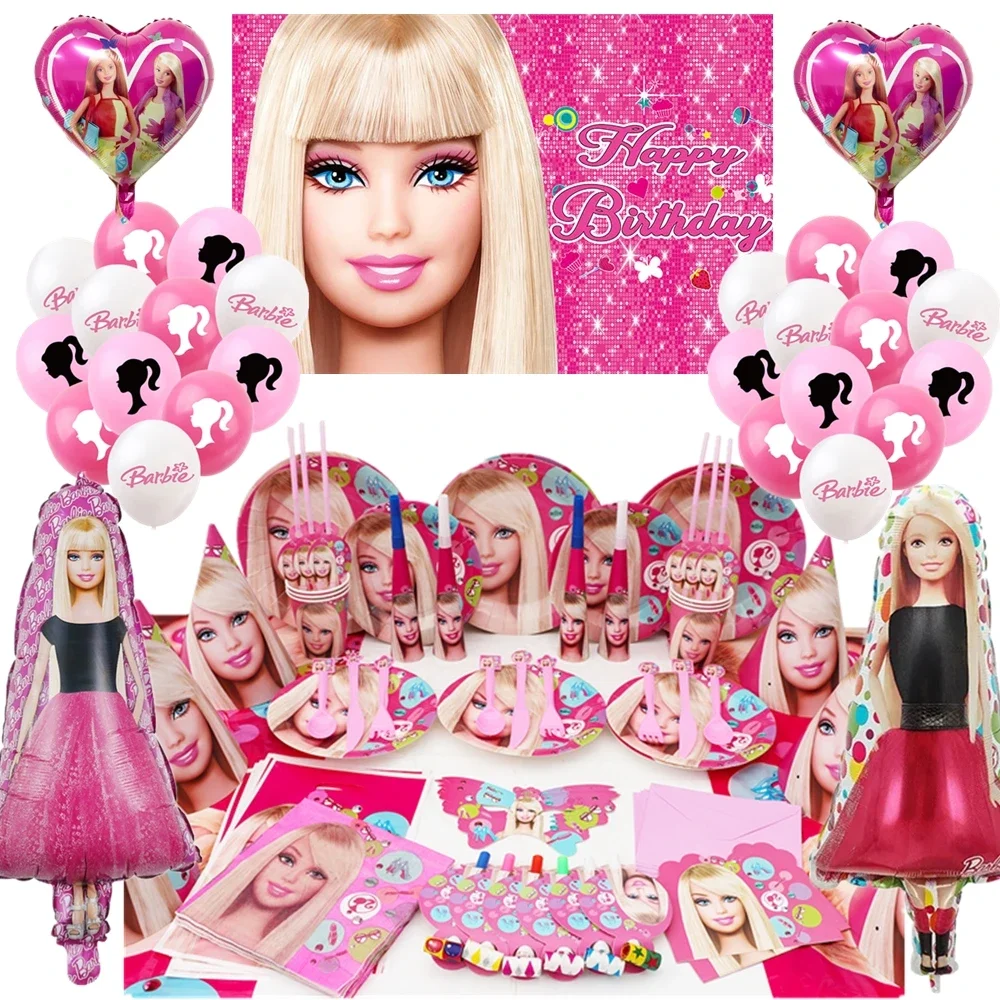 Disney Barbiee décorations de fête d'anniversaire fournitures ballons sac cadeau assiettes en papier tasses nappe toile de fond vaisselle bébé douche