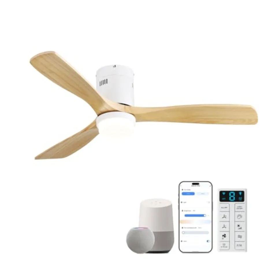 

52-дюймовый потолочный вентилятор из натурального дерева белого цвета со светильником, низкопрофильный, современный, для улицы, из массива дерева, с Alex