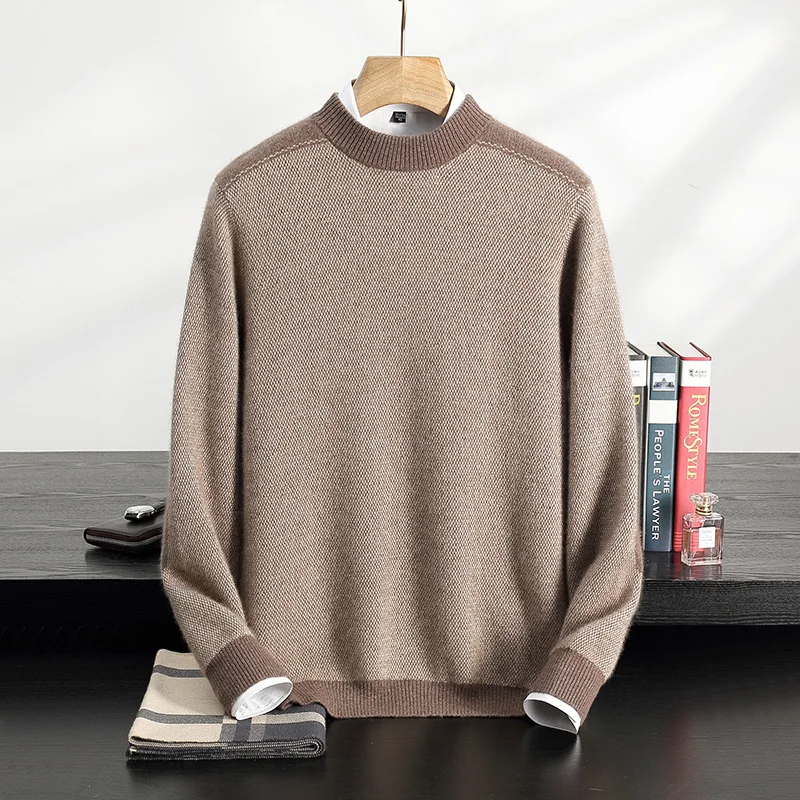 

New Half Turtleneck Men's 100% Cashmere Sweater Thickened Warm Base Shirt Middle-aged and Elderly Color-blocking Knitted Sweater