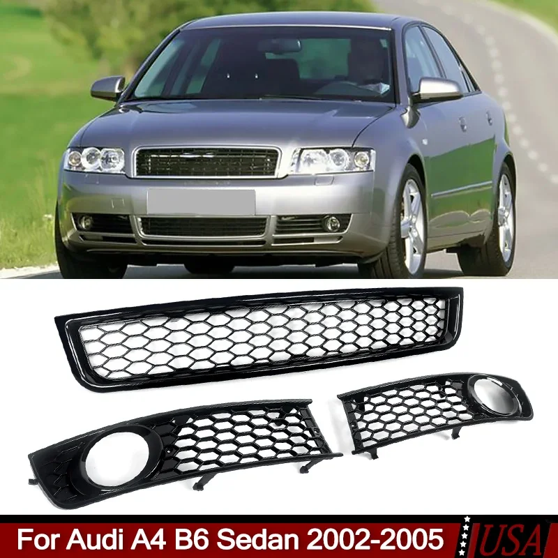 MAGICKIT Gloss Black For audi a4 b6 grill 2002-2005 Honeycomb Front Bumper Lower Grille Fog Light Covers RS Style Accessories