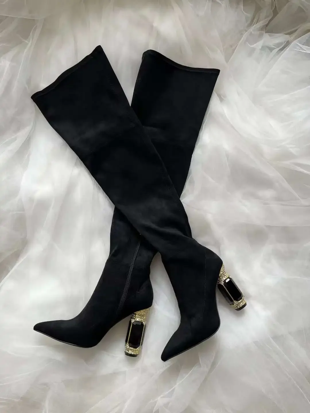 

Black/green Suede High Heel Boots Pointed Toe Side Zipper Green Gem Heel Ankle Boots Fashion Women Shoes Short/long Boots