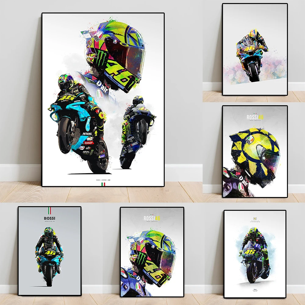 Motorcycle Racer Valentino-Rossi Watercolor Poster Motorbike Legend Star Helmet Graffiti Wall Art Canvas Painting Room Decor