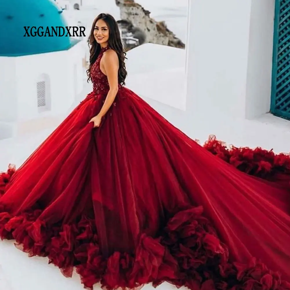 

Бордовые платья Quinceanera по индивидуальному заказу, 2024, бальное платье с лямкой на шее, винно-красное, с рюшами, платье принцессы Vestido De 15 Quinceanera Sweet 16, платье