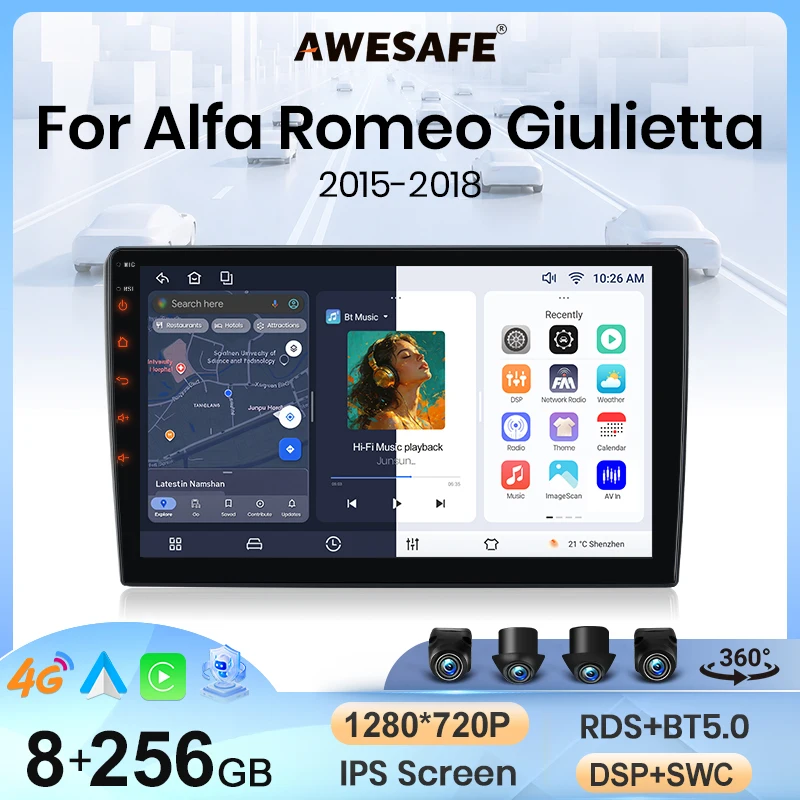 Autoradio AWESAFE 9" Android/Linux pour Alfa Romeo Giulietta 940 2015-2018, CarPlay et Android Auto sans fil, navigation GPS, multimédia, prise en charge du volant, amplificateur de caisson de basses, fonction caméra de recul, avec CAN-BUS, prise EU Plug and Play, autoradio numérique DAB+ FM