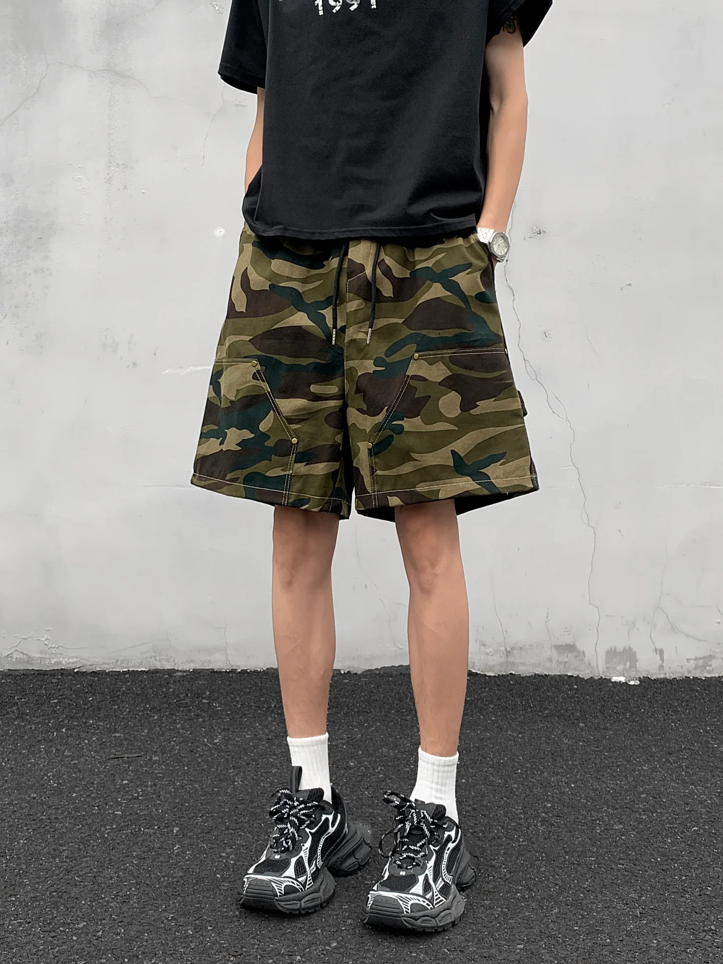 

American Camouflage Logging Workwear Shorts Men Summer Vintage Street Style Rivet Trendy Sports Pants Boys Five-Quarter Length