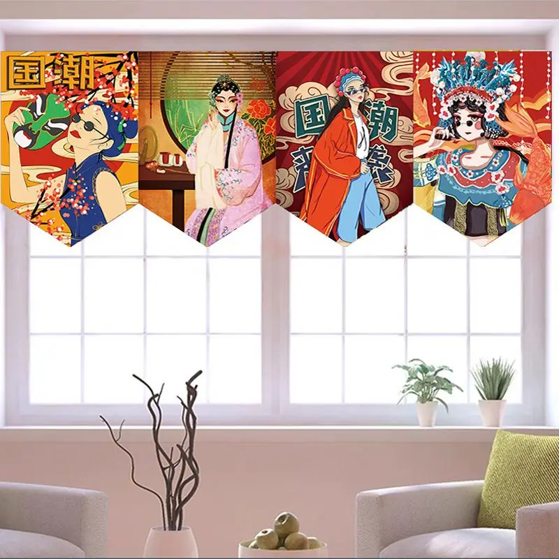VIKAMA China-Chic Peking Opera Characters Triangle Flag Short Curtain Shop Kitchen Cafe Head Decoration