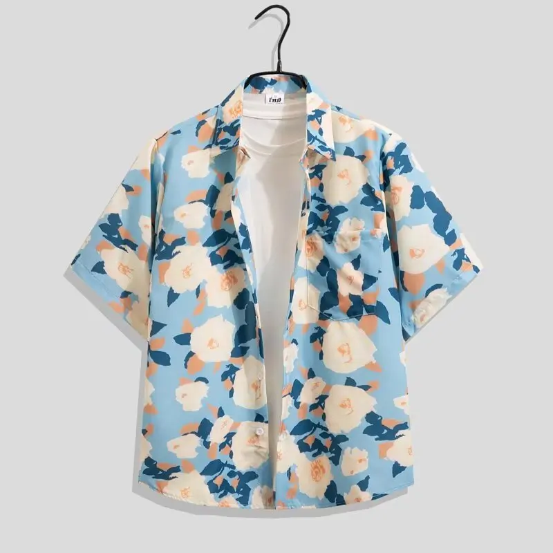 

Summer Men's Seaside Beach Retro Short Sleeved Flower Shirt High Street Loose Casual Fashion Hawaiian Half Sleeve Floral Shirt
