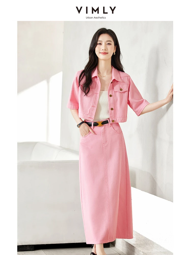 

VIMLY Women's Simple Commuter Denim Skirt Set Summer Casual Pink Turtleneck Cardigan Blouse Top+Side Split Skirt Two Piece Set