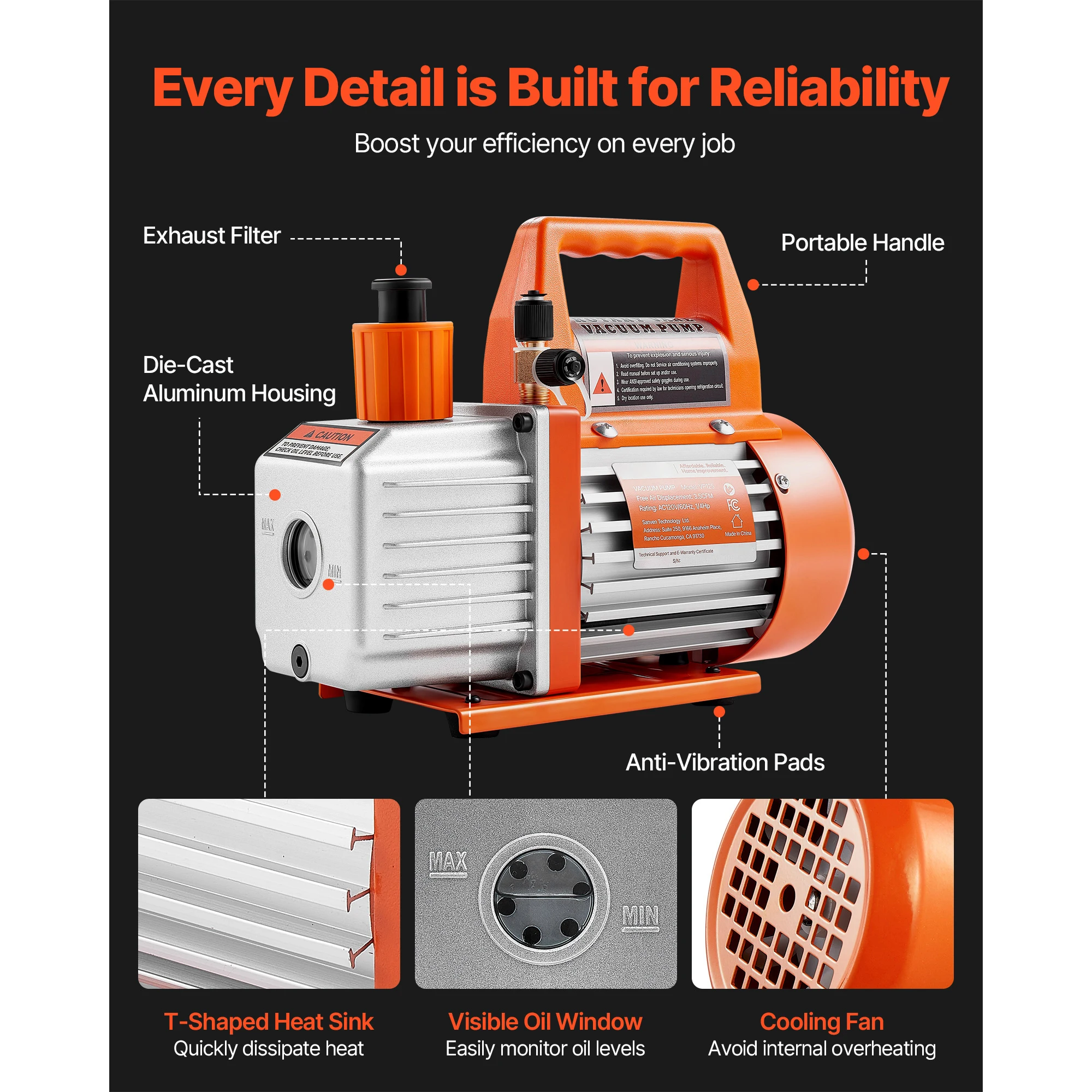 SucceBuy 3.5 CFM 1/4 HP HVAC مضخة تفريغ التيار المتردد أحادية المرحلة وزجاجة زيت لأنظمة R134a R22 R410a وصيانة مكيف الهواء #5