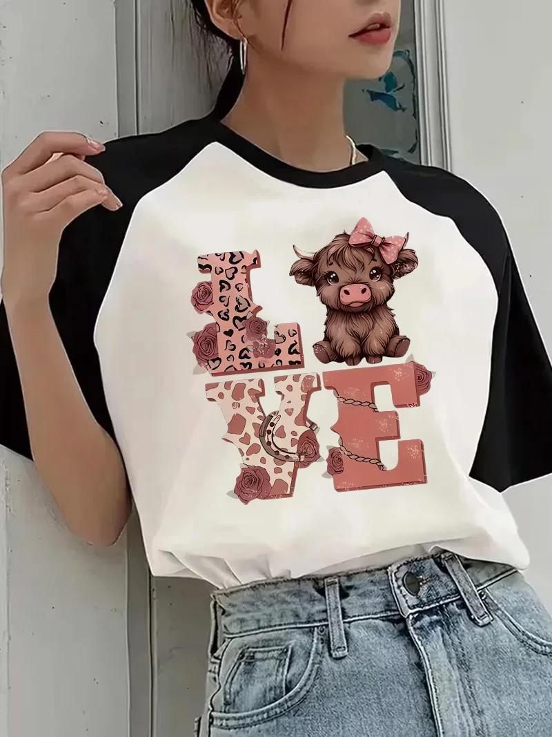 Women's Funny Graphic T-Shirt with Cute Highland Cow Love Design Casual Vintage Tees Tops Round Neck Short Sleeve T Shirt