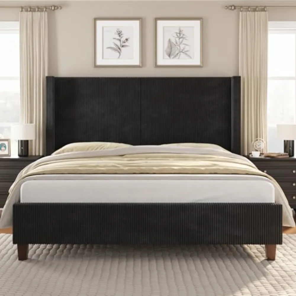 Queen Size Corduroy Platform Bed Frame with Wingback Design | Vertical Channel Headboard, Corduroy Upholstery, Wooden
