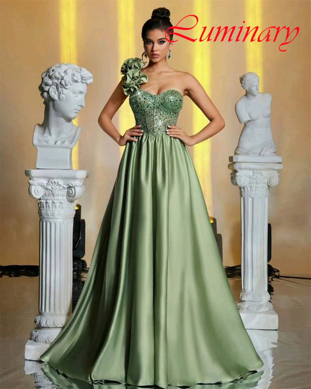 

Customized Simple Satin Evening Dress Exquisite One Shoulder Flowers Prom Dresses Temperament Sleeveless Special Occasion Gowns