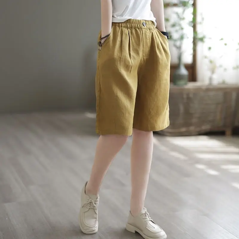 

Summer Cotton Shorts High Waisted New Quarter Trousers Loose Versatile Casual Harem Women's Thin Elastic Waist Wide Leg Pants