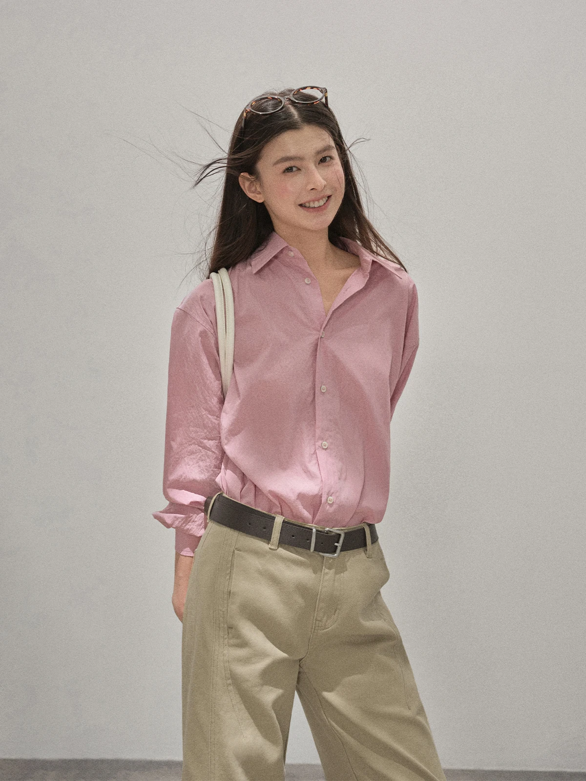 

Loose Long Sve Collar irt Women's Pink Autumn New Design Sense Outerwear Ladies Top Faion Casual Cotton irt