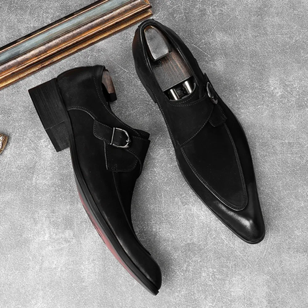 Classic Dress Men's Monk Suede Leather Shoes with Pointed Toe Buckle Business Office Wedding Comfortable Men's Oxfords Shoes