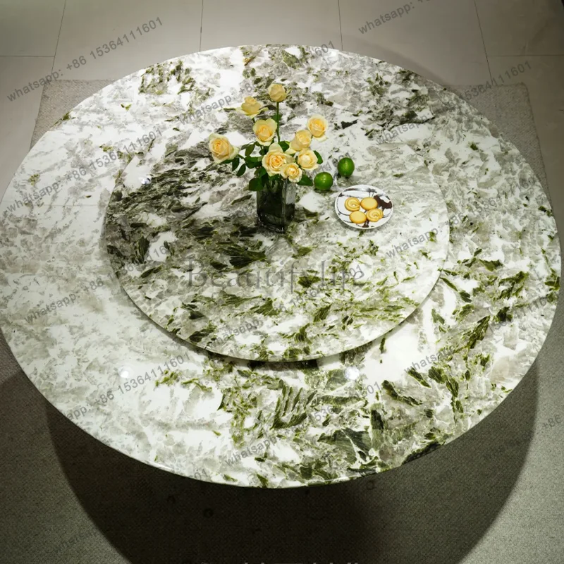 Green diamond natural luxury stone dining table Italian minimalist villa marble modern with turntable