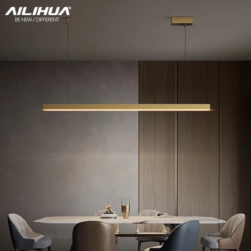 All copper minimalist chandelier restaurant dining table bar office modern simple Nordic designer LED strip lamp