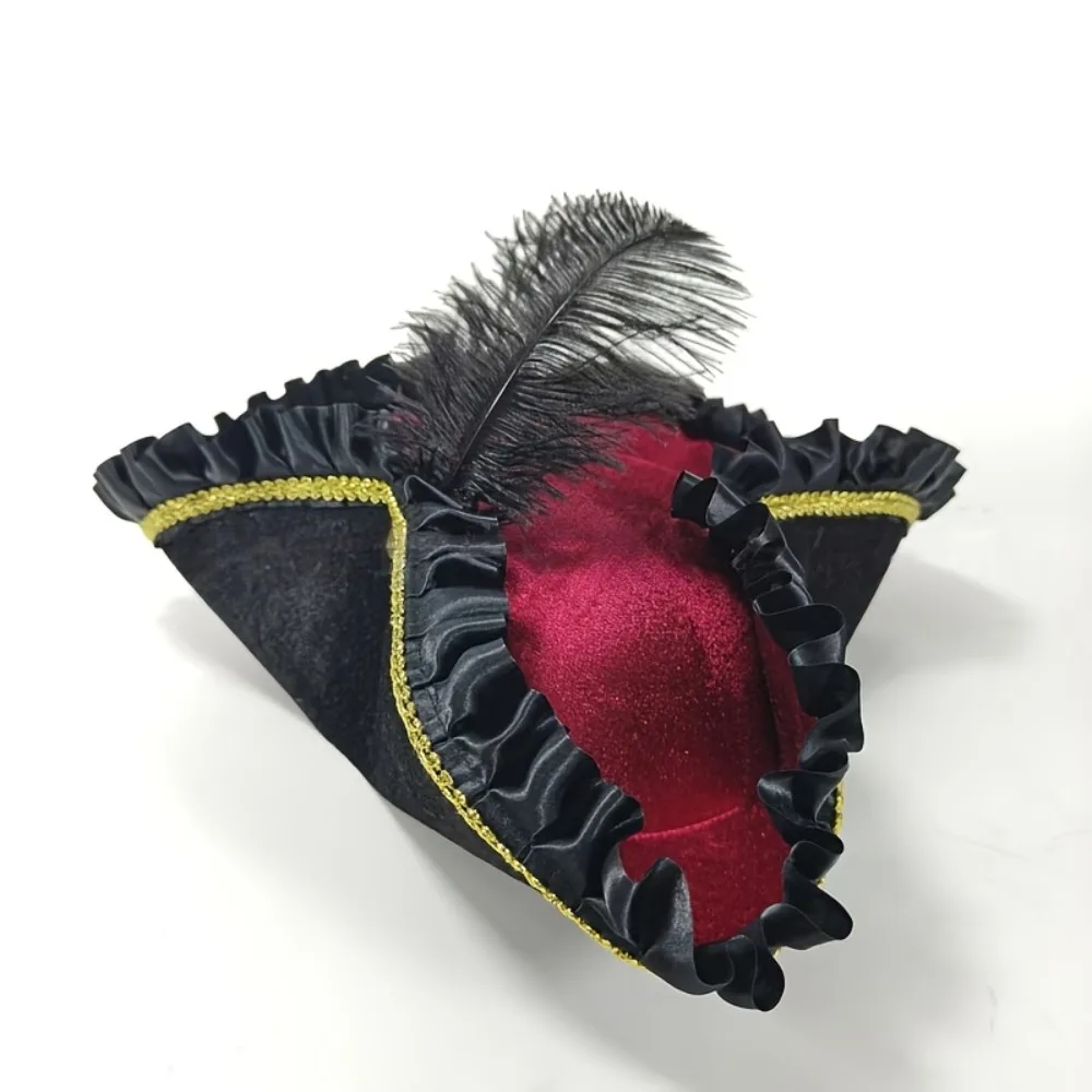 Satin Triangle Pirate Hat Pleated Ruffled Head Ornament Party Decoration Hat Lace Trim Retro Halloween Costume Hat Role-Playing