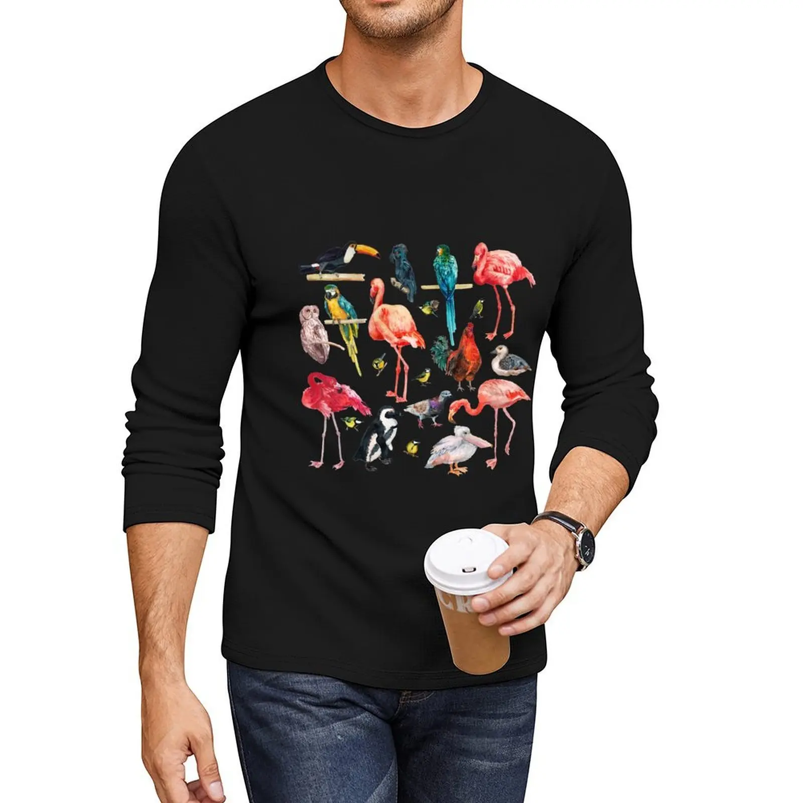 

Beautiful Birds Watercolor Pattern - Pink Flamingo Parrot Toucan Owl Duck Rooster Penguin Bird Lovers Ornithologist Long T-Shirt