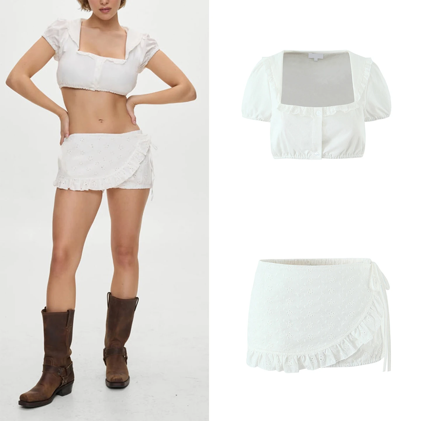 

Новинка зимы 2025: Женский модный комплект из двух предметов в деревенском стиле — кружевной топ и юбка с высокой талией, однотонный, с коротким рукавом